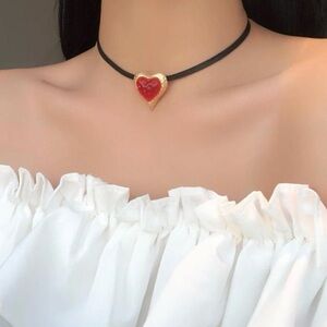Red Heart Enamel Pendant Choker Necklace with Black Band